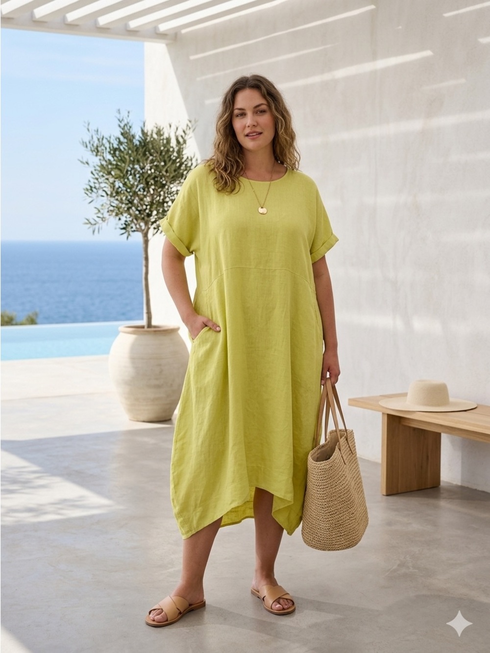 Bryn Walker Chartreuse Yellow Linen Relaxed Midi Dress - 1X